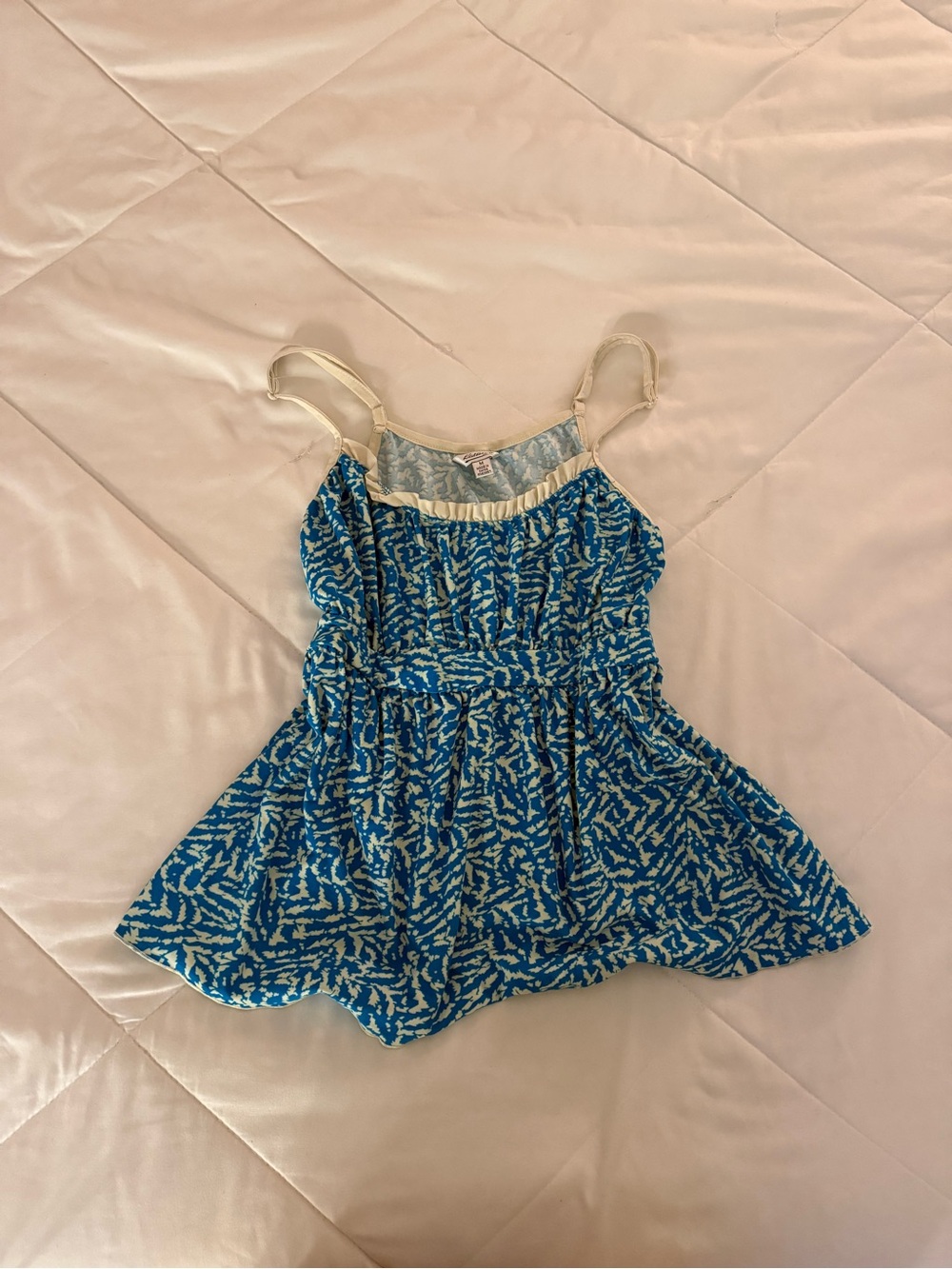 Blue Patterned Spaghetti-Strap Tank Top with Cream Trim